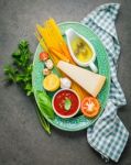 Italian Food And Menu Concept. Spaghetti With Ingredients Sweet Stock Photo