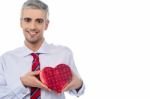 Smiling Man Holding A Gift Box Stock Photo