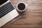 Modern Office Wood Desk Stock Photo