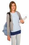 Girl Student Holding Books And Bag Stock Photo