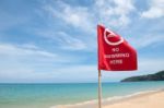 No Swimming Danger Sign At The Beach Stock Photo