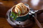 Apple Crumble Dessert With Ice Cream Stock Photo