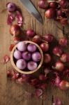 Shallots Still Life Wood Background Stock Photo