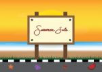 Summer Sale Promotion Season With Board, Sunset, Footpath And Se Stock Photo