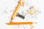 Broken Pencil With Metal Sharpener And Shavings Stock Photo