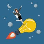 Business Woman Astronaut On A Moving Lightbulb Idea Rocket Stock Photo