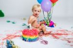 Baby Girl Celebrating Her First Bithday With Gourmet Cake And Ba Stock Photo