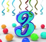 Number Three Party Means Colourful Decorations And Adornments Stock Photo