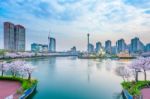 Korea Cityscape With Lotte World And Cherry Blossom Festival In Spring,seoul In South Korea Stock Photo