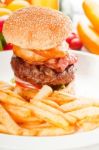 Classic Hamburger Sandwich And Fries Stock Photo