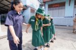 Student 9-10 Years Old, Scout In Adventure Activities, Scout Camp School Bangkok Thailand Stock Photo