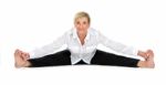 Manager Woman Doing Yoga At White Background Stock Photo