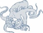 Giant Octopus Fighting Astronaut Drawing Stock Photo