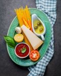 Italian Food And Menu Concept. Spaghetti With Ingredients Sweet Stock Photo