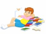 School Boy Lying And Reading Stock Photo