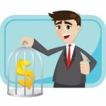 Cartoon Businessman Saving Money In Cage Stock Photo