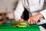 Chef Chopping Leek, Doing Preparations Stock Photo