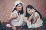 Two Asia Thai High School Student Best Friends Beautiful Girl Smile And Funny Stock Photo