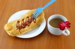 Sausage Salad Cream And Ketchup On Breaking Time Stock Photo