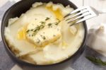 Mashed Potato With Butter Herb Thyme Rosemary Closeup Stock Photo