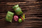 Nham Sour Pork In Banana Leaves Thai Food Stock Photo