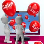 Sale Balloons Coming From Computer Showing Internet Promotion An Stock Photo