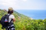 Women Tourist On Viewpoint At Koh Tao Stock Photo