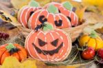 Halloween Decor Pumpkin Cookies Stock Photo