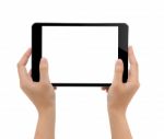 Close-up Hand Holding Tablet, Mock-up Black Digital Tablet Isola Stock Photo