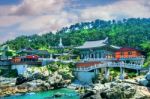 Haedong Yonggungsa Temple And Haeundae Sea In Busan, South Korea Stock Photo