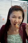 Woman Eating Spaghetti Stock Photo