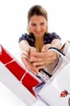 Standing Woman Showing Shopping Bags Stock Photo