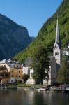 View Of The Evangelical Parish Church In Hallstatt Stock Photo