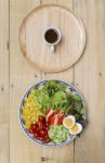 Fresh Mixed Vegetables On Vintage Plate With Japanese Dressing Stock Photo