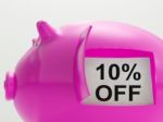 Ten Percent Off Piggy Bank Shows 10 Savings Stock Photo