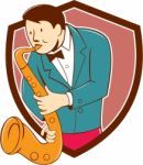 Musician Playing Saxophone Shield Cartoon Stock Photo