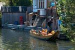 Traditional Flat Bottomed Boat On Lake Hallstatt Stock Photo