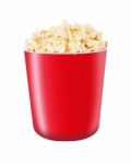 Popcorn In Red Bucket On White Background Stock Photo