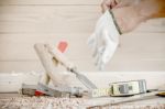 Carpenter Tools In Pine Wood Table Stock Photo