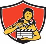 Asian Woman Movie Clapper Shield Retro Stock Photo