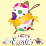 Happy Easter Bunny With Big Egg. Little Gift At Easter.  Easter Day  On Yellow Background Stock Photo