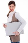 Woman Carrying Laptop Stock Photo