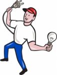 Electrician Hold Electric Plug And Bulb Cartoon Stock Photo