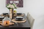 Table Set On Wooden Dinning Table Stock Photo