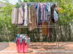 Dry Clothes In The Backyard Stock Photo