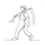 Organic Farmer Walking Scythe Continuous Line Stock Photo