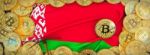 Bitcoins Gold Around Belarus  Flag And Pickaxe On The Left.3d Il Stock Photo