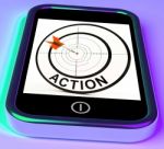 Action Smartphone Shows Acting To Reach Goals Stock Photo