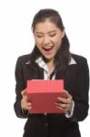 Happy With Red Gift Box Stock Photo