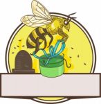 Bee Carrying Gift Box Skep Circle Drawing Stock Photo